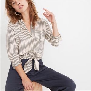 Madewell Cream and Gray Striped Button Down Top